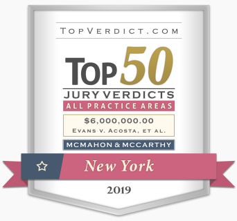 Top jury verdict award recognizing 2019 top 50 verdict of $6,000,000.00 by best Bronx injury lawyers McMahon & McCarthy on a white background, black and Gold Top 50 Jury Verdicts, and a red starred ribbon