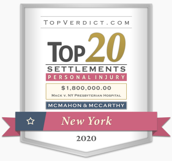 Top jury verdict award on a white background recognizing best Bronx injury lawyers McMahon & McCarthy's 2020 top 50 settlement of $1,800,000.00 with black and Gold Top 50 settlements, and a red starred ribbon