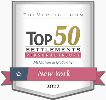 White top jury verdict badge for best Bronx injury lawyers McMahon & McCarthy's 2022 top 50 settlement with a red starred ribbon